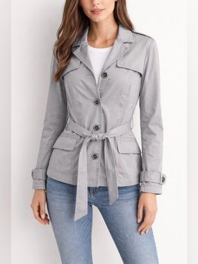 White House Black Market Gray Tie-Waist Rhinestone Buttons Short Trench Jacket